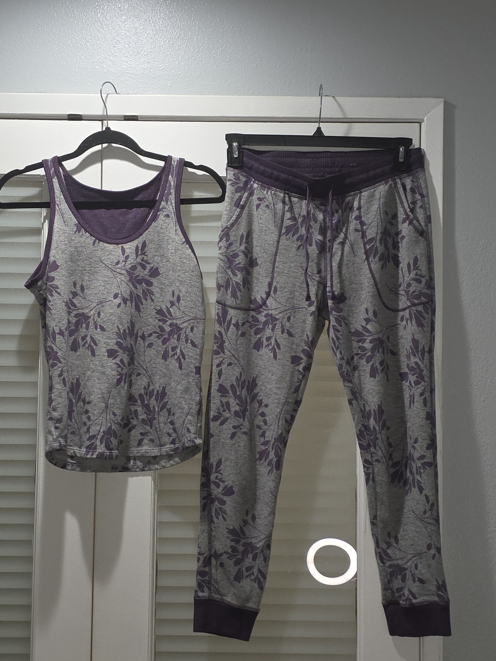 Women's Grey Floral Tank and Jogger Pajama Set with Purple Trim